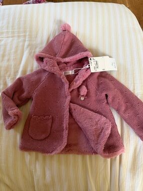 Mayoral Dusty Pink Faux Fur Hooded Knit Jacket